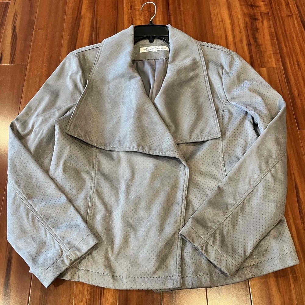 Kenneth Cole Reaction Faux Suede‎ Gray Studded Open Front Moto Jacket Size XL
